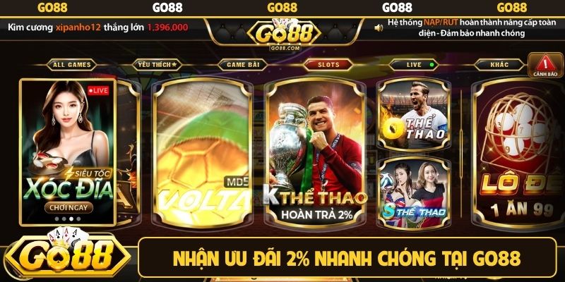 Nhận ưu đãi 2% nhanh chóng tại Go88