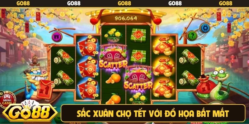 Sắc xuân chợ tết với đồ họa bắt mắt quen thuộc